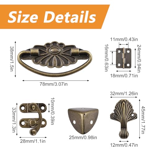 MOROBOR Bronze Jewelry Box Antique Lock Latch Hasp Hinges Handle Box Corner Protectors Kit for DIY Jewelry Box Wood Case Jewelry Chest Storage Box Feet Leg Corner Protector - Image 2