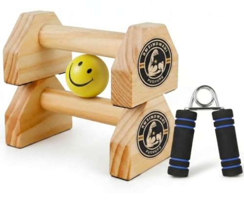 Image of Wooden Push Up Bars with Hand Grip Strengthener & Smiley Stress Ball, Non-Slip Parallettes for Home Workout, Strength Training & Calisthenics