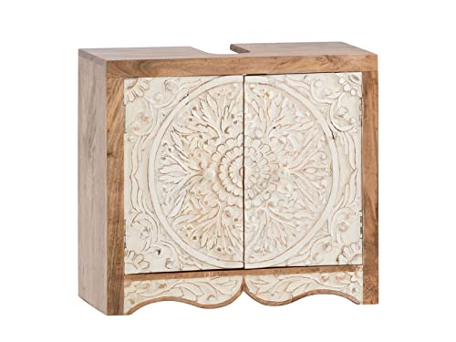 Woodkings Waschbeckenunterschrank Delhi I 67 cm breit | Badschrank aus Mangoholz | Rustikal & Modern | Waschtischunterschrank für Aufsatzwaschbecken mit Siphonausschnitt