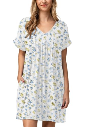 Image of Jayscreate Women's Baby Doll Dress Summer Casual Tunic Pleated Flowy Swing Short Sleeve Black V Neck Mini Dress