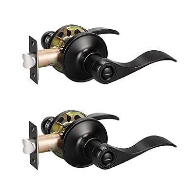 KNOBWELL 2 Pack Matte Black Door Lever Privacy Door Knobs, Black Interior Door Handles for Bathroom/Bedroom, Wave Style Reversible for Right/Left