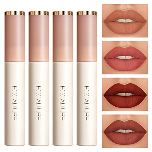FOCALLURE 4Pcs Matte Lipstick Makeup Set,Velvety Liquid Lipstick,Waterproof Long Lasting Lip Gloss Kit,Smooth Sillky Nude Lipstick for Girls and Women