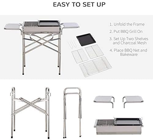 Outsunny Outdoor Folding BBQ Rectangular Stainless Steel Foldable Pedestal Charcoal Barbecue Grill - Silver