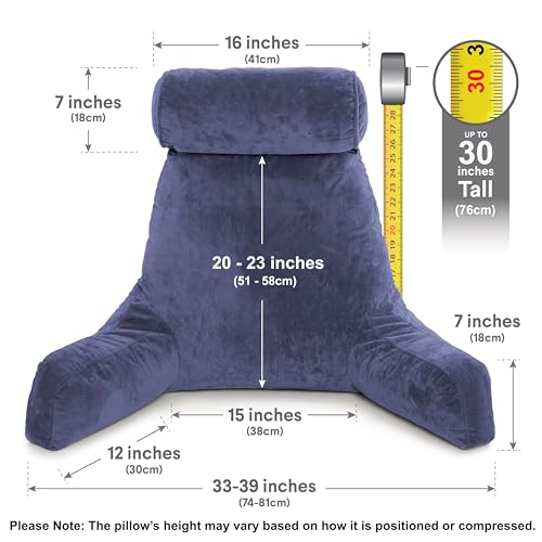 Image of Husband Pillow - Dark Blue, Big Backrest Reading Bed Rest Pillow with Arms, Plush Memory Foam Fill, Remove Neck Roll Off Bungee, Change Covers, Zipper On Shell of Bed Chair for Adjustable Loft