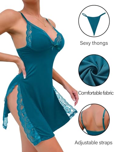 Image of Foxiny Sexy Split Side Floral Lace Trim Full Slip Night Gown Babydoll Lingerie Dress with Thong 2 piece