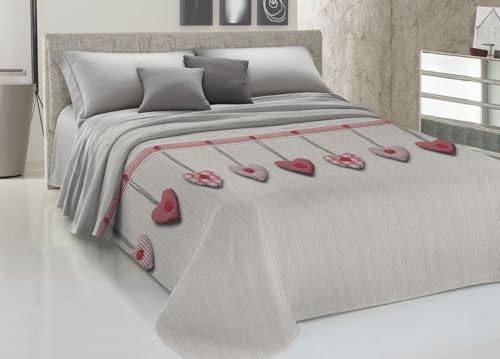CapitanCasa Colcha de piqué ligera de verano, 100% algodón, fabricada en Italia, fantasía, corazón colgante, matrimonial, rojo