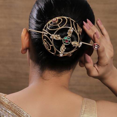 Image of Hair Bun Cage Accessory for Women | Handcrafted Brass Juda Cover with Stick | Anti-Tarnish Traditional Hair Accessory for Wedding & Festive (Padma Hair Bun (Golden))