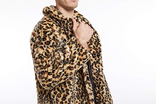 Image of UMREN Mens Warm Leopard Faux Fur Coats Jacket Long Luxury Overwear Parka Cardigans