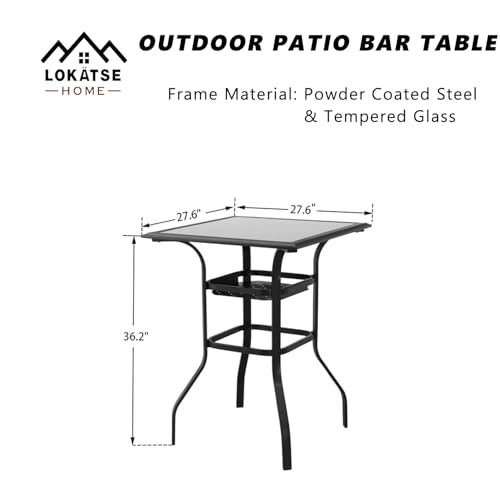 Image of LOKATSE Home High Outdoor Patio Bar Height Glass Top Table, Black