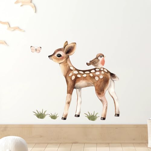 Vinilo Decorativo Cute Fawn and Bird Cartoon miniatura 2