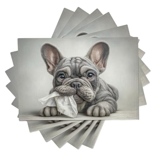 Juego de 4 Manteles Individuales Bulldog Llevando Papel Higiénico, Gris Salvamanteles Individuales, Retrato De Animal En Acuarela Salvamanteles De Mesa para Fiestas Mesa De Cocina Hogar, 45x30cm