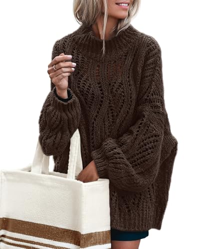MEROKEETY Fall Sweaters for Women 2025 Oversized Pullover Crochet Lantern Long Sleeve Mock Neck Casual Loose Tops