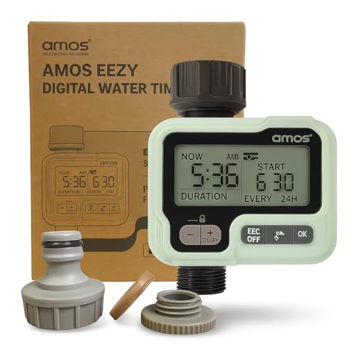 AMOS Digital Water Timer – Programmable Garden Irrigation Controller with LCD, Auto/Manual Modes, Rain Delay, Child Lock – Hose Sprinkler System for Lawn, Plants & Outdoor Watering