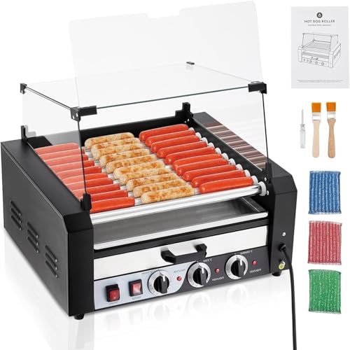 Hot Dog Roller,11 Rollers 30 Hot Dogs Capacity 1950W Stainless Sausage Grill Cooker Machine Dual Temp Control and Glass Hood Cover,Removable Oil Drip