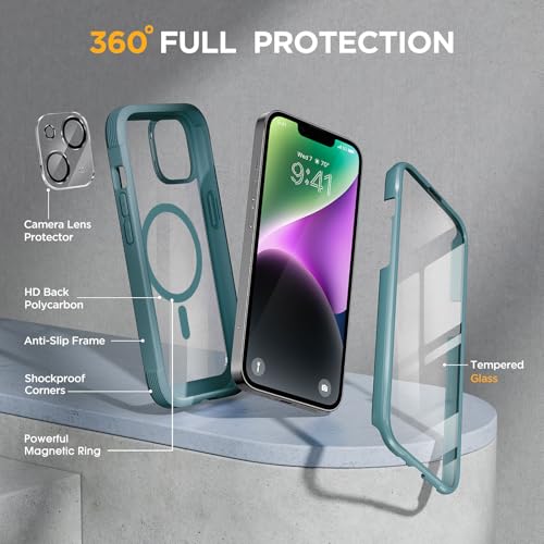 Image of Miracase Magnetic for iPhone 14 Case 6.1'', [Bubble Free] Full-Body Bumper Phone case with Built-in Full Glass Screen &Lens Protector,No Gap,Compatible with MagSafe,Drop Proof 14 Cover,Green