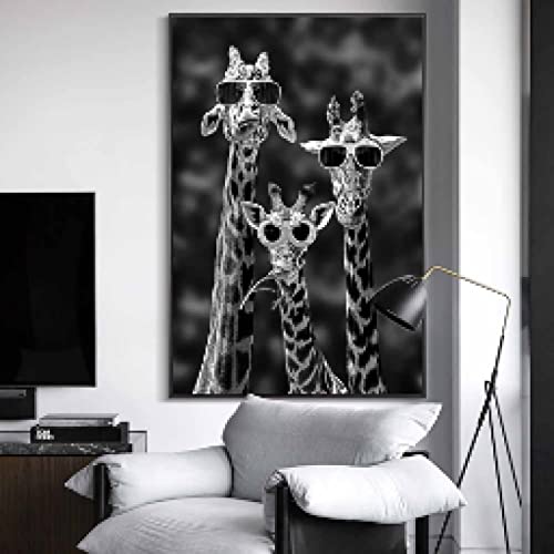 Affiche girafe à lunettes | Tableau animaux noir et blanc drôle maison