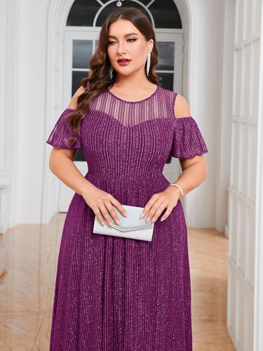 ZOMVA Plus Size Sparkly Mesh Maxi Dress Cold Shoulder Ruffle Sleeve High Low A Line Dresses Wedding Guest Cocktail Party2