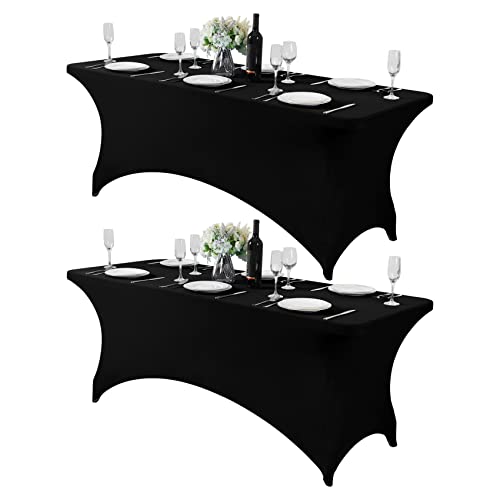 Hezuzo 2Pack Spandex Table Cover for 6Ft or 4fT or 8ft Table Universal Fitted Stretch Tablecloth for Party, Banquet, Wedding and Events-Black