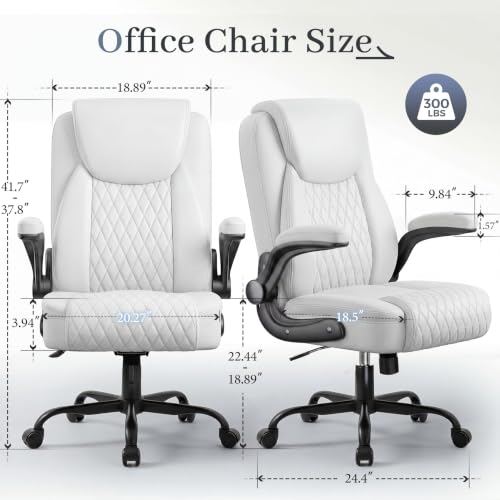 GTPOFFICE Executive Office Chair with Comfortable Lumbar Support, Ergonomic Gaming Chair with Flip-up Armrests & Zoned Pressure-Relief Cushion, Comfy Leather Desk Chair, White — view 3