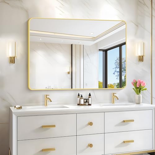 Image of 36 inchx48 inch Bathroom Mirror, Gold Rectangle Mirror, Large Rectangular Wall Mirror, Rounded Corner Vanity Mirror with Aluminum Metal Frame for Bathroom Bedroom Living Room Horizontal /Vertical