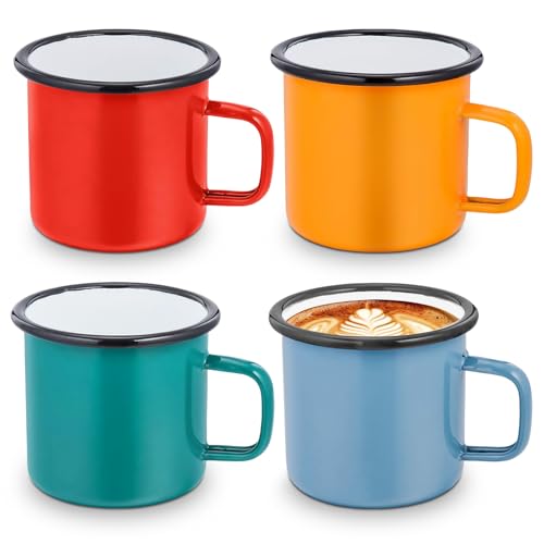 Juego de 4 tazas esmaltadas: 350 ml, reutilizables, vasos esmaltados con asa, tazas de café rojas, azules, verdes, amarillas, portátiles, para camping, oficina, casa, fiesta
