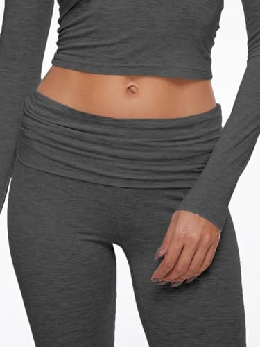 Image of AnotherChill Women's Long Sleeve Top Foldover Flare Pants Lounge Set | 2 piece cropped shirt and slim flare trousers comfy loungewear, soft modal casual matching sets, travel airport outfits