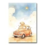 Cars With Stars And A Brown Teddy Bear, In The Style Of Soft Watercolours, Grey Nursery, Bear Nursery Print, Wall Art -  StoreUSA99