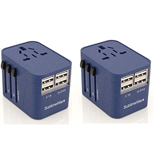 Power Plug Adapter - International Travel - (SandBlue Pack of 2) w/4 USB