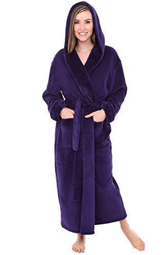 Alexander Del Rossa Women's Plush Fleece Robe with Hood, Long Warm Bathrobe, 1X-2X Purple with Jacquard (A0263PRJ2X)