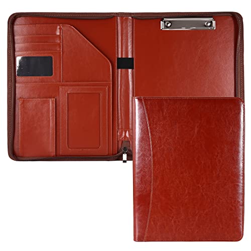 Enyuwlcm A4 PU Leather Padfolio with Zipper Zippered Portfolio with Clipboard for Resume Suitable for Men Women (Brown)