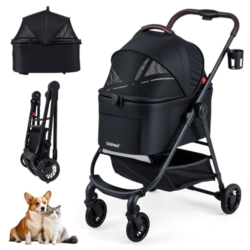 COSTWAY Pet Stroller, 3 in 1 Folding Dog Pram with Detachable Car Seat Carrier, Adjustable Canopy, Storage Basket, Cup Holder, Safety Leash, Travel Pushchair for Dogs Cats (Black)