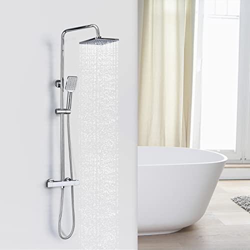 kisimixer Colonne de Douche Thermostatique SystèMe avec Mitigeur Thermostatique,Douchette et Douche de TêTe,RéGlable en Hauteur Colonne Douche,Anti-BrûLure, Carré,Chrome