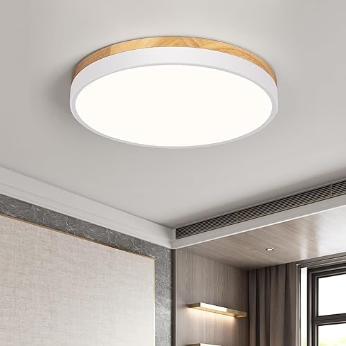 Qamra Deckenlampe, LED Deckenleuchte Holz 29.9cm, Flach Deckenleuchte Weiß, 24W Rund Lampe für Wohnzimmer Schlafzimmer Küche Flur Esszimmer 4000K
