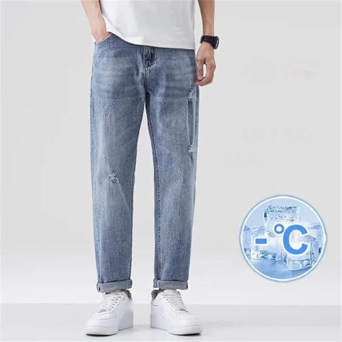 Men's Loose Fit Straight Leg Casual Nine-Point Jeans with Tapered Ripped Long Pants3