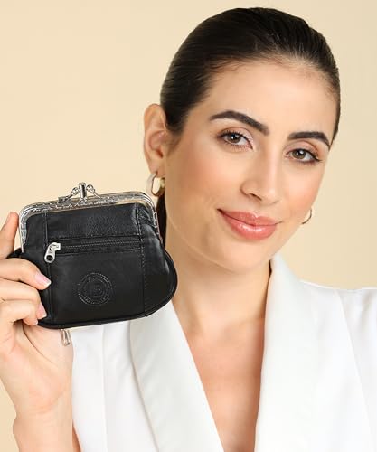 Women's Leather Metal Frame Double Clasp Zipper Coin Purse 5 1/4" x 3 1/4" (Black)2