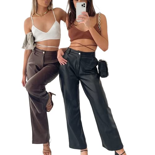 NUFIWI Women's Faux Leather Pants High Waist Straight Wide Leg PU Legging Casual Solid Color Trousers with Pockets4