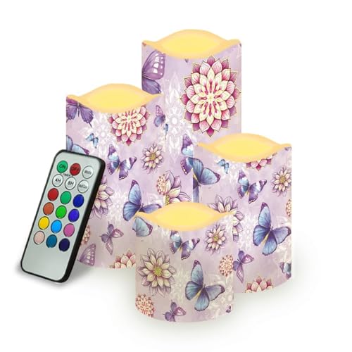 Image of Purple Butterfly Floral Plastic Flameless Candles with Remote Control and Timer LED Flickering Battery Electric Pillar Candles for Table Home Decoration
