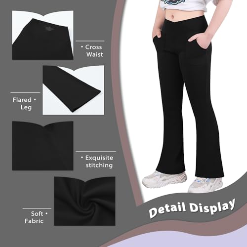 viehunt Girls High Waisted Flare Leggings Crossover Cute Wide Leg Solid Full Length Yoga Pants with Pockets3