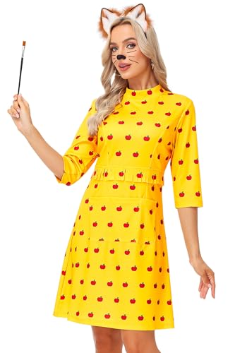 Magrank Women Fox Movie Cosplay Outfits Halloween Mrs Fantastic Yellow Costume Tassel Waist Printed Dress Gown XL