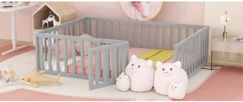 Walnut Large Children's Bed Frame, Solid Wood Floor Bed Frame, Bed Frame with Fence, with Door. (Gray)