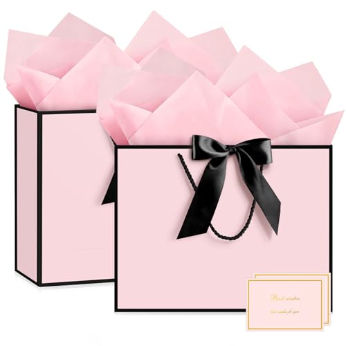 Image of JMANNI Pink Gift Bags with Handles, 14.6 inch Large Gift Bags with Tissue Paper | 2 Pcs Pink Black Bags, 4 Tissue Paper and 2 Cards, for Baby Shower, Wedding Bridal Shower, Birthday Party