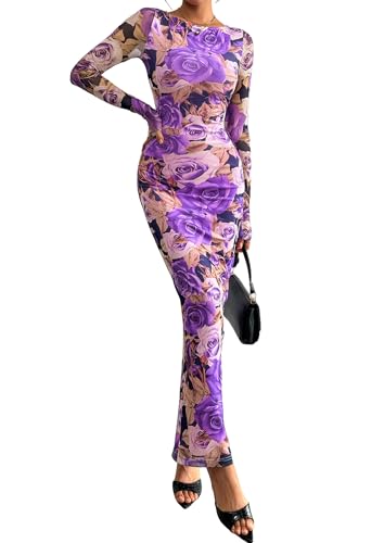 Image of PRETTYGARDEN Bodycon Maxi Dress 2025 Fall Floral Long Sleeve Sexy Mesh Cocktail Wedding Guest Long Dresses