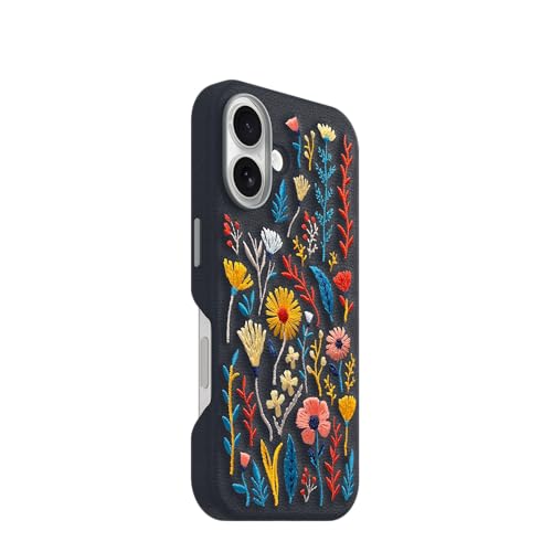 Image of OtterBox iPhone 16 Symmetry Series Cactus Leather Embroidery for MagSafe - Enchanted Garden Blue - Textured, Embroidered Floral Artistic iPhone Case, MagSafe Compatible Embroidered iPhone Case