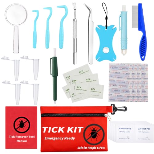 54-in-1 Tick Removal Tool Kit for Humans Dogs Cats Stainless Steel Tick Tweezers Tick Nippers Tick Hooks Tick Twisters Tick Key Flea Comb and Waterproof Travel Case for Hiking Camping Travel