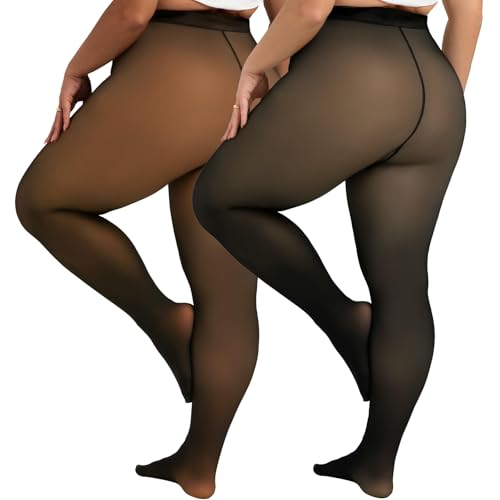 Image of 2 Pairs Plus Size Fleece Lined Tights Sheer Thermal Pantyhose leggings | Winter High Waist Warm Fake Translucent Thermal Sheer Thick Elastic Pantyhose for Womens