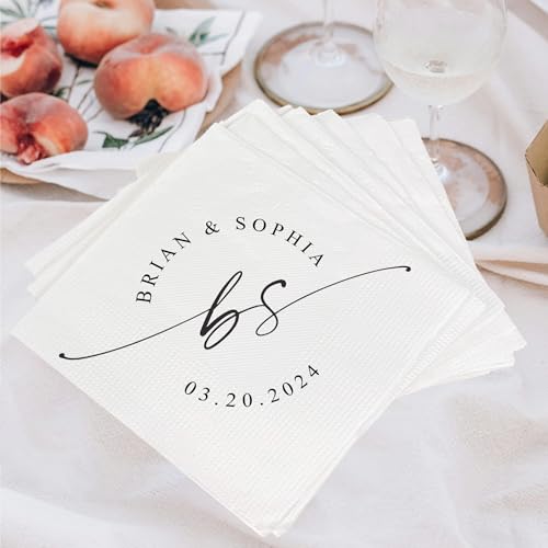 Image of Personalized Cocktail Napkins Wedding, Monogrammed Name Couple, Pack 50 100 150 300 500 Anniversary Party, Disposable Decoration Initials Beverage Bar Reception Cocktail Luncheon Dinner, Golden 5
