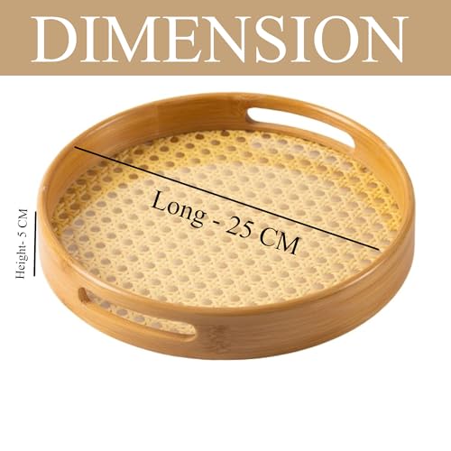 Image of Curated Cart Bamboo Serving Tray with Cut-Out Handles - Rattan Cane Woven Base - Eco-Friendly Rustic Tray for Coffee Table, Breakfast, Kitchen, Bathroom Decor - Lightweight, Durable - Round - 25cm