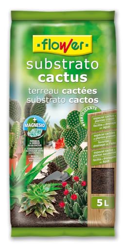 Flower - Sustrato para Cactus y Crasas 5 L | Drenaje y Aireación | con Áridos y Piedra Volcánica | con Abono y Magnesio | Favorece la Oxigenación Radicular
