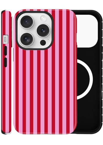 ZOEVEES Magnetic Case for iPhone 15 Pro Max, Compatible with MagSafe, Aesthetic Striped Cute Design for Women, Hybrid 2-Layer Hard Shell Phone Cover, Hot Pink
