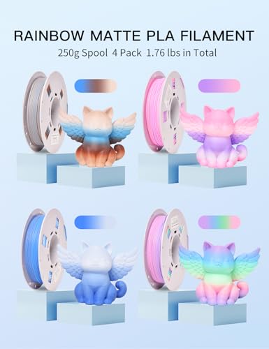 Image of PINBALL Matte Rainbow PLA 3D Printer Filament 1.75mm, Matte Surface Multicolor PLA Filament 1.75mm, 250g Spool, 4 Rolls, Blue-Brown+Blue-White+Red-Purple+Matte Rainbow Color
